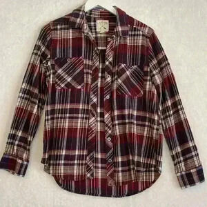 LA Hearts Flannel Shirt Burgundy/Blue/White Plaid Long Sleeve SIZE M
